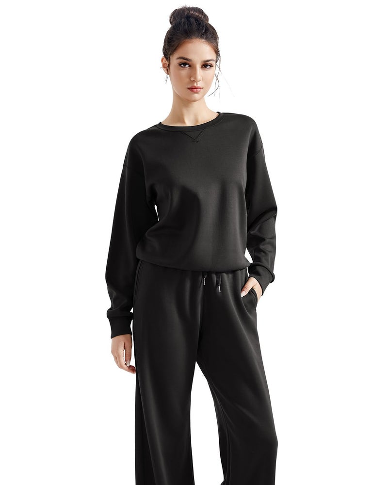 SUUKSESS Women Modal 2 piece outfits Oversized Sweatshirt Fall Lounge Set Wide Leg Pants Matching Sets (Black,L) - Image 2