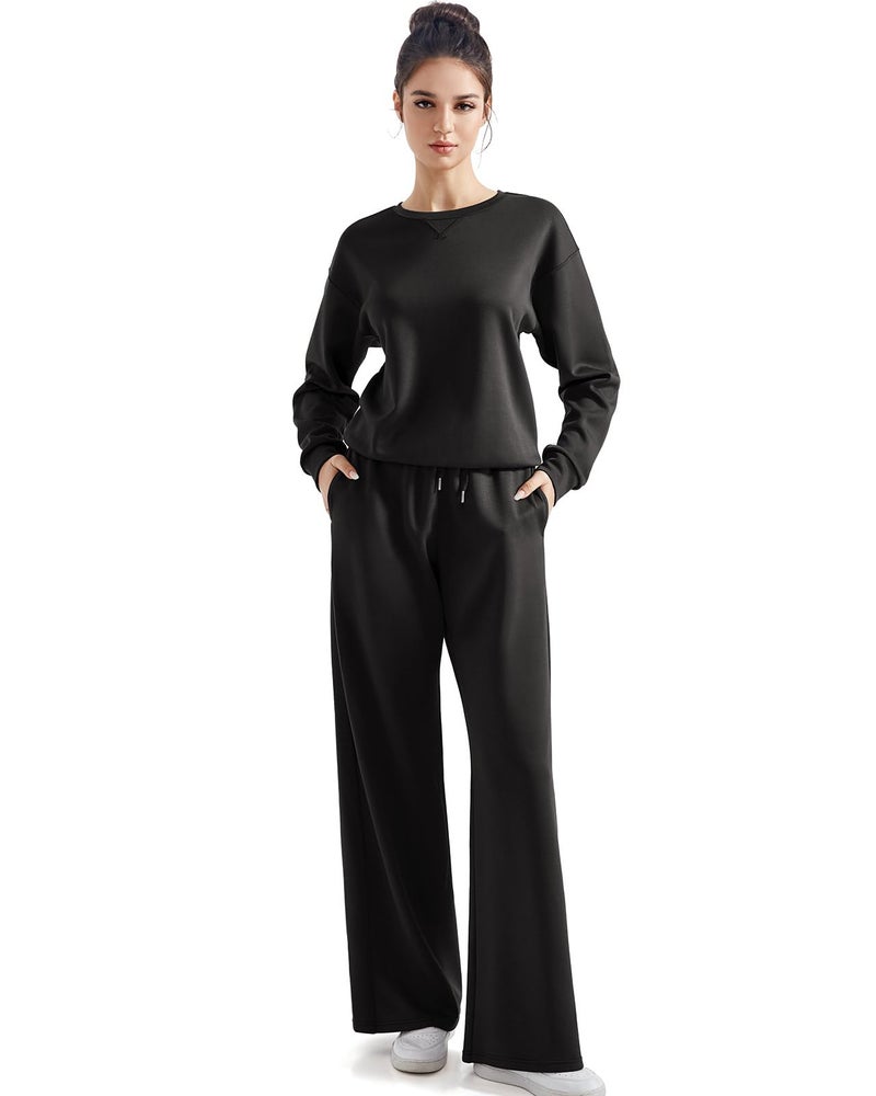 SUUKSESS Women Modal 2 piece outfits Oversized Sweatshirt Fall Lounge Set Wide Leg Pants Matching Sets (Black,L) - Image 1