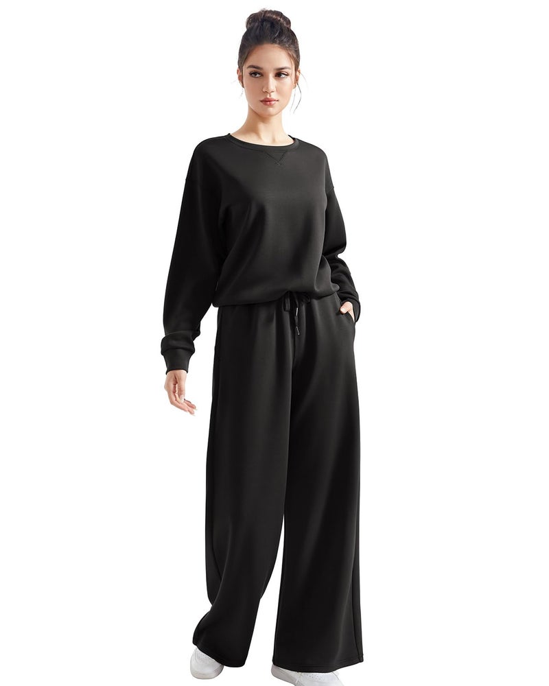 SUUKSESS Women Modal 2 piece outfits Oversized Sweatshirt Fall Lounge Set Wide Leg Pants Matching Sets (Black,L) - Image 5