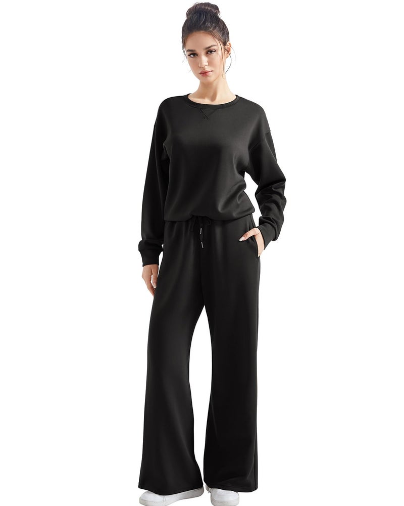 SUUKSESS Women Modal 2 piece outfits Oversized Sweatshirt Fall Lounge Set Wide Leg Pants Matching Sets (Black,L) - Image 4