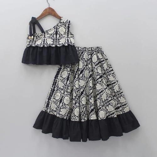 GORLYA Girls Black Floral Printed Lehenga Choli Set | One-Shoulder Crop Top with Ruffle Skirt | Festive Traditional Outfit for Celebrations, Cultural Events, Diwali, Weddings & Gifting - Image 3
