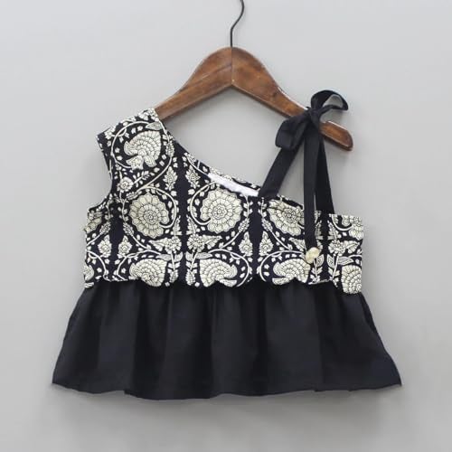 GORLYA Girls Black Floral Printed Lehenga Choli Set | One-Shoulder Crop Top with Ruffle Skirt | Festive Traditional Outfit for Celebrations, Cultural Events, Diwali, Weddings & Gifting - Image 4