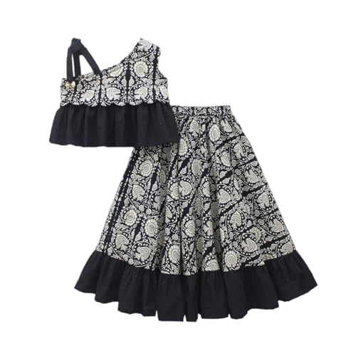 GORLYA Girls Black Floral Printed Lehenga Choli Set | One-Shoulder Crop Top with Ruffle Skirt | Festive Traditional Outfit for Celebrations, Cultural Events, Diwali, Weddings & Gifting - Image 1