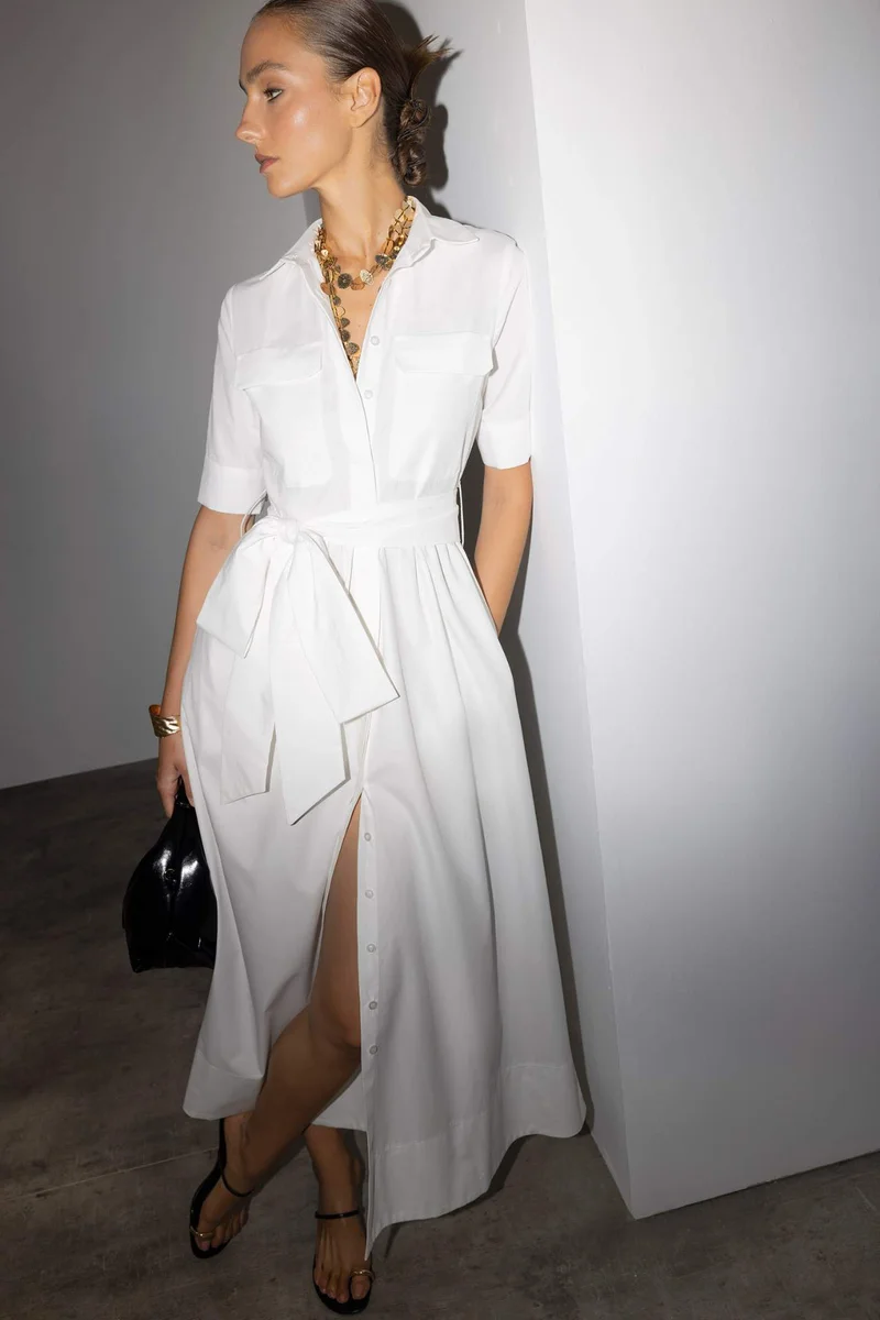ديفاكتو Shirt Collar Poplin Tie Detail Short Sleeve Midi Dress