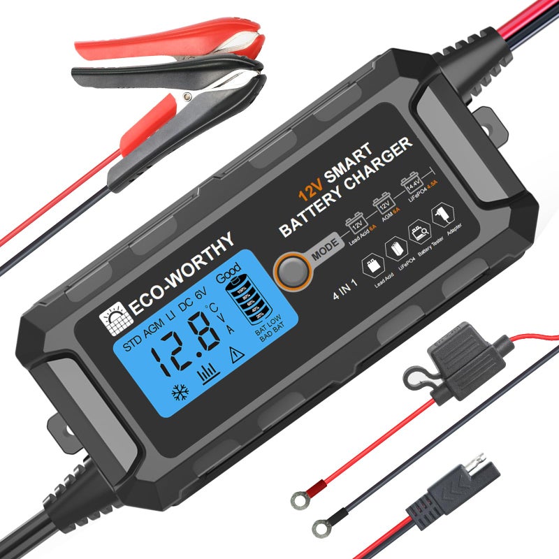 ECOWORTHY 12V 5A Automatic Smart Battery Charger and Maintainer LCD Display for Lead Acid and Lithium LiFePO4 Battery