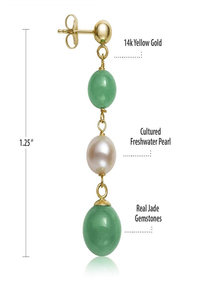 Belacqua Natural Green Jade Round White Cultured Freshwater Pearl Drop Earrings in 14K Yellow Gold, Pushback, Length- 1.25 Inches, Real Pearl Jewelry for Women, Gift Box Included - Image 3