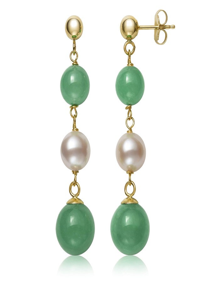 Belacqua Natural Green Jade Round White Cultured Freshwater Pearl Drop Earrings in 14K Yellow Gold, Pushback, Length- 1.25 Inches, Real Pearl Jewelry for Women, Gift Box Included - Image 1