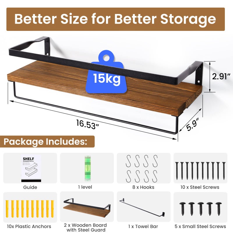 AGM Floating Shelves for Wall Mounted Shelf, 2pcs Kitchen Wooden Shelves - Image 3