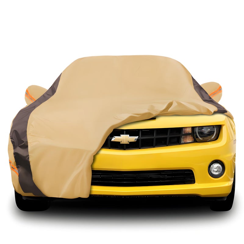 FSGRICH Camaro Car Cover Waterproof All Weather Compatible with Chevy Camaro Outdoor AntiUV Sun Rain Protection Full Exterior Cover Camel with Brown