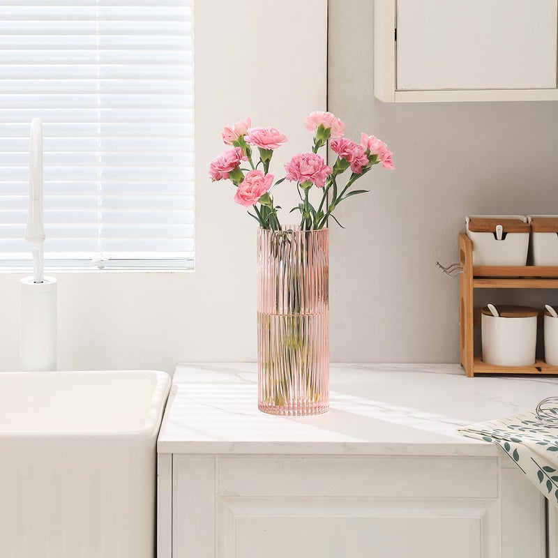 YANWE1 Pink Glass Vase  Glass Flower Vase  Ribbed Glass Vase  Pink Vase  Tall Cylinder Glass Vase for Centerpieces  Living Room  Bedroom  Dining Table  Office  Wedding  Bookshelf Decoration 10 Inches - Image 4