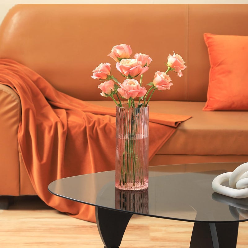 YANWE1 Pink Glass Vase  Glass Flower Vase  Ribbed Glass Vase  Pink Vase  Tall Cylinder Glass Vase for Centerpieces  Living Room  Bedroom  Dining Table  Office  Wedding  Bookshelf Decoration 10 Inches - Image 3