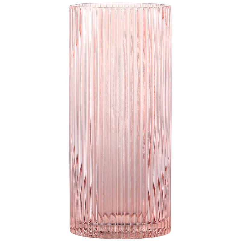 YANWE1 Pink Glass Vase  Glass Flower Vase  Ribbed Glass Vase  Pink Vase  Tall Cylinder Glass Vase for Centerpieces  Living Room  Bedroom  Dining Table  Office  Wedding  Bookshelf Decoration 10 Inches - Image 1
