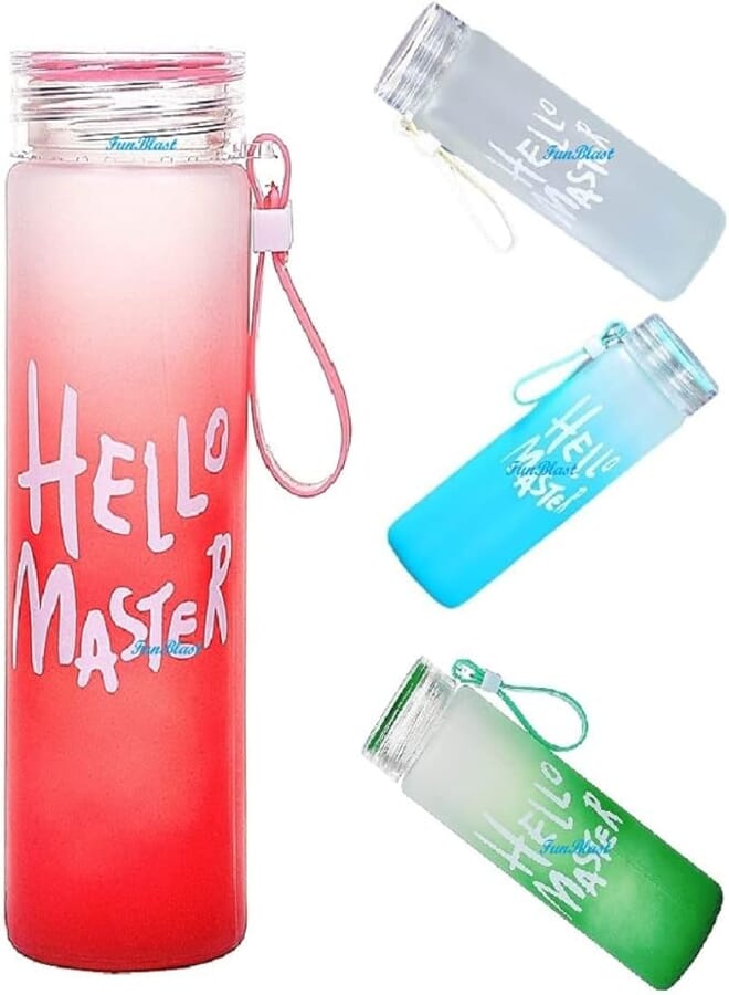 Funeiko Hello Master Borosilicate Water Bottle – Transparent Water Bottle for Home, Office, Gym, Picnic and Travelling – Stylish Glass Bottle (Random Color Dispatch) – 1 PCS - 480ML
