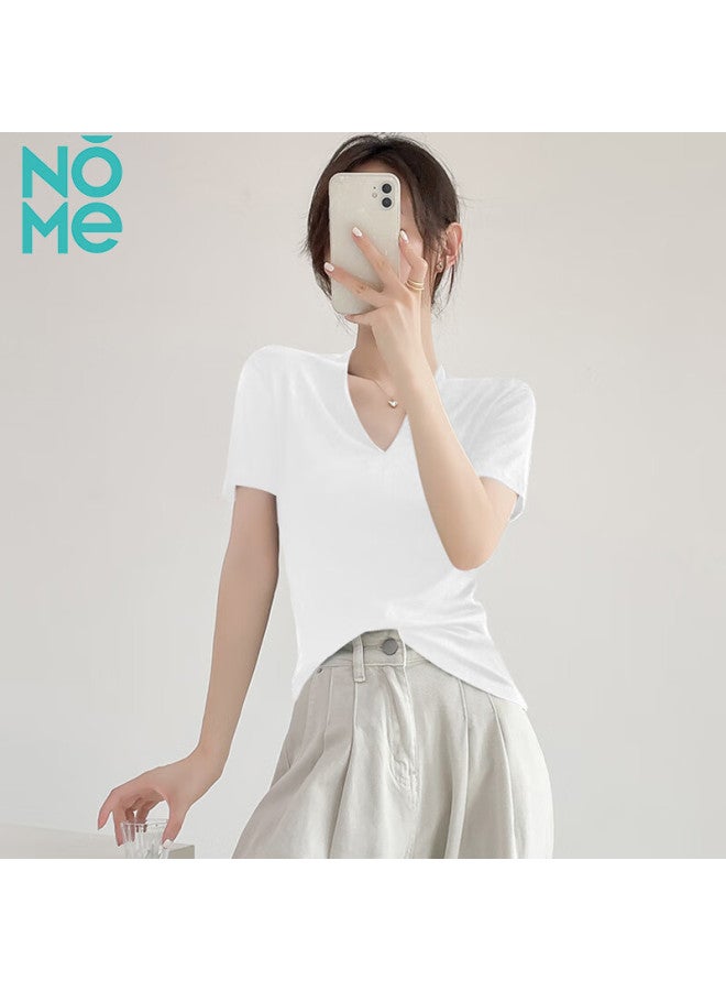 Nome V-neck Short Sleeve T-shirt Women's Niche Heart-shaped Low-neck Top Slim Fit Versatile Base Shirt White 2XL - Image 1