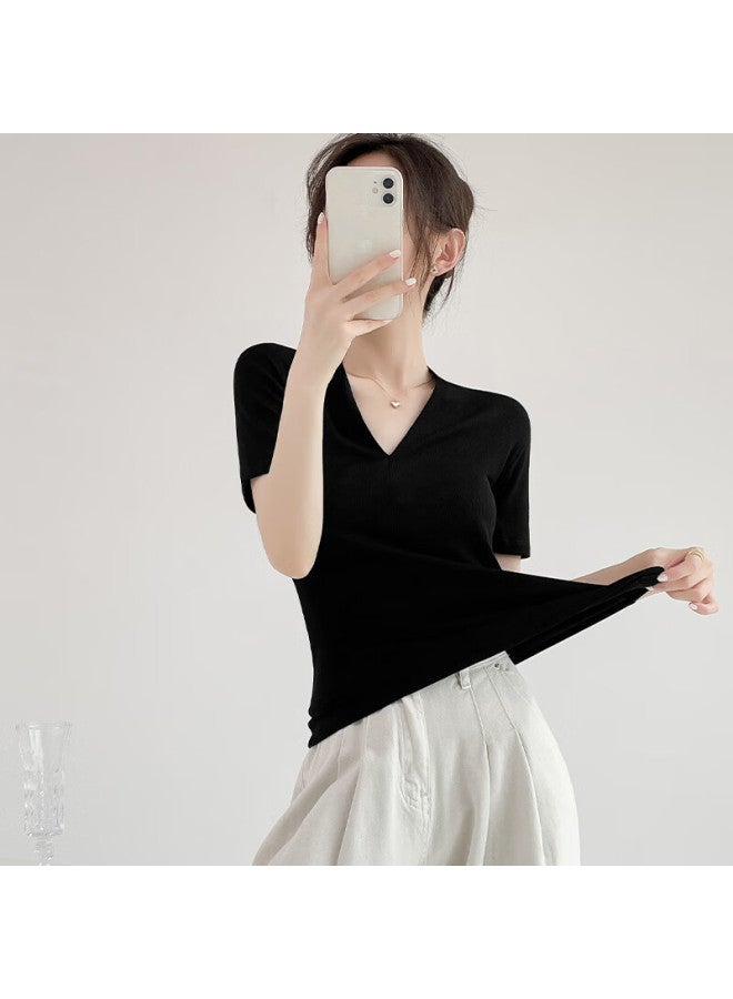 Nome V-neck Short Sleeve T-shirt Women's Niche Heart-shaped Low-neck Top Slim Fit Versatile Base Shirt White 2XL - Image 3