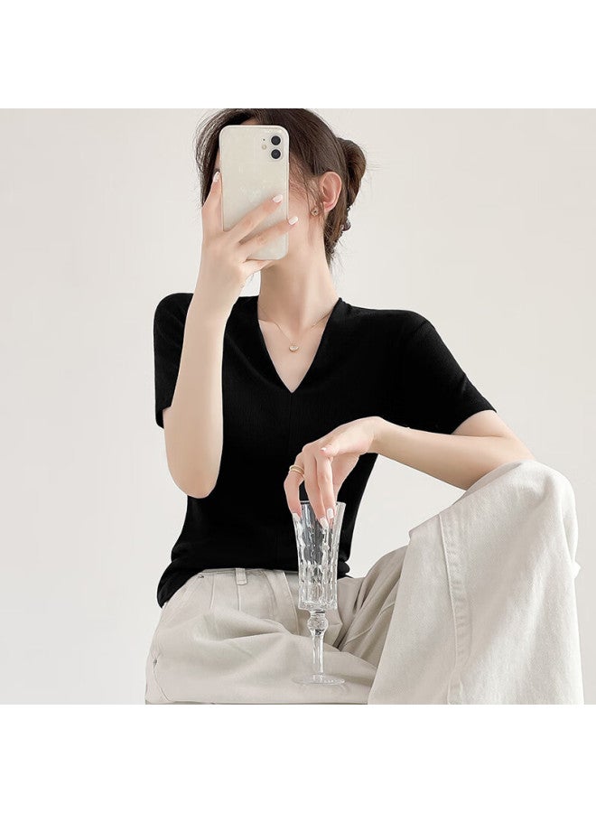 Nome V-neck Short Sleeve T-shirt Women's Niche Heart-shaped Low-neck Top Slim Fit Versatile Base Shirt White 2XL - Image 4