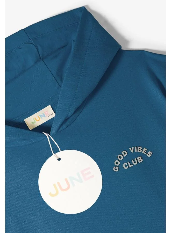 JUNE June Kids Hooded Embossed Printed Cotton Sweatshirt Teal