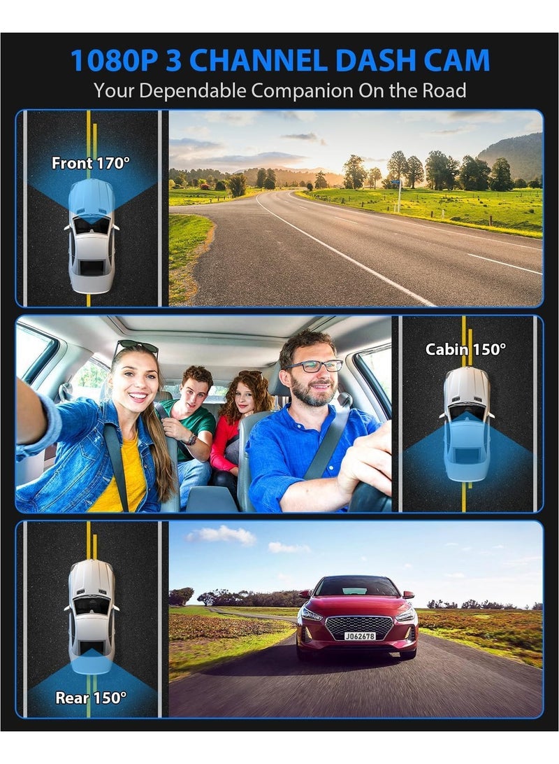 LAESO 3 Channel Dash Cam , 1080P Dash Cam Front and Inside, Triple Dash Cam with Hardwire kit, Dash Camera with 64GB Card, HDR, G-Sensor, 24Hr Parking, Front Rear Dash Cam Loop Recording - Image 3