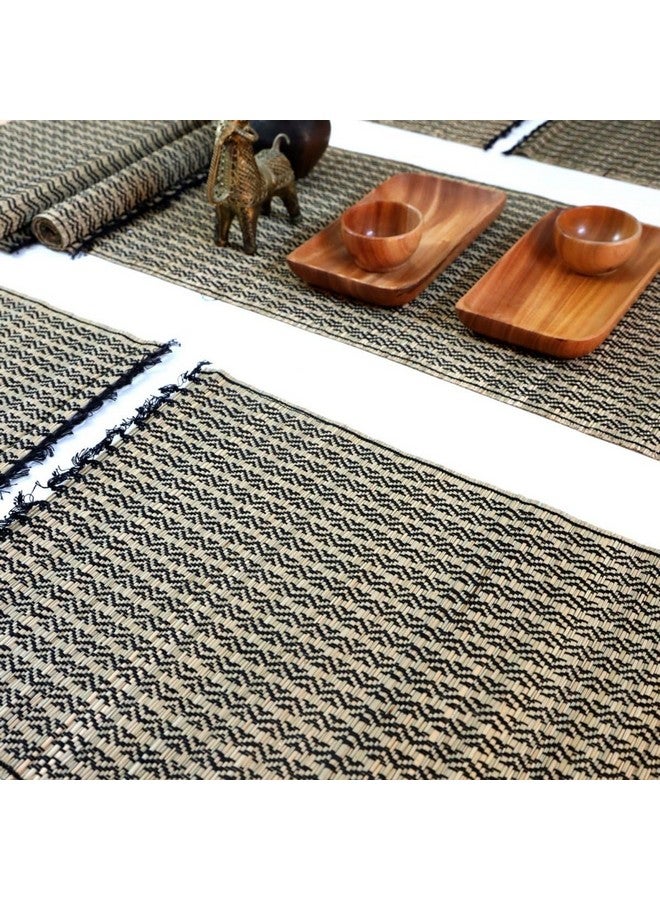 Peepul Tree Handcrafted Heat Resistant Grass Dinner Placemats for Dining Table | Eco Friendly Tableware Sustainably Handwoven from Natural Grass, Rectangle (6 PLACEMATS and 1 Table Runner, Black) - Image 1