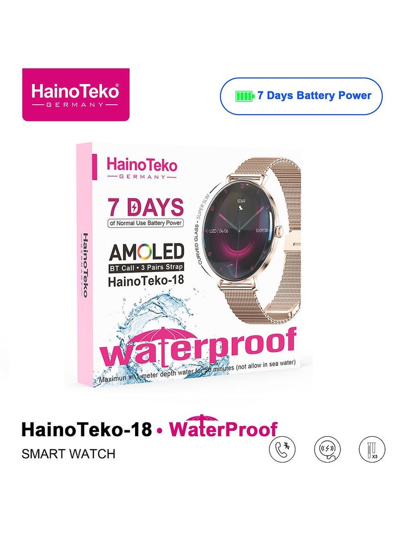 HainoTeko-18 Waterproof Smart Watch With Round Shape AMOLED Display BT Calling Support 3 Pair Straps and Charging Cable Designed for Ladies Black