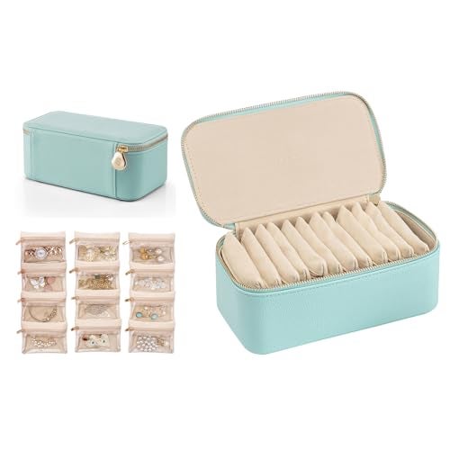 Vlando Travel Jewelry Box Organizer - 12 Small Velvet Zipped Pouches Pockets for Jewelries Necklaces Rings Earrings Sorting Storage, Aqua Blue - Image 1