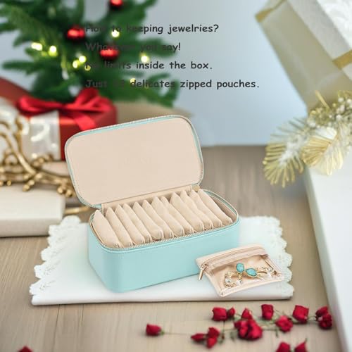 Vlando Travel Jewelry Box Organizer - 12 Small Velvet Zipped Pouches Pockets for Jewelries Necklaces Rings Earrings Sorting Storage, Aqua Blue - Image 3