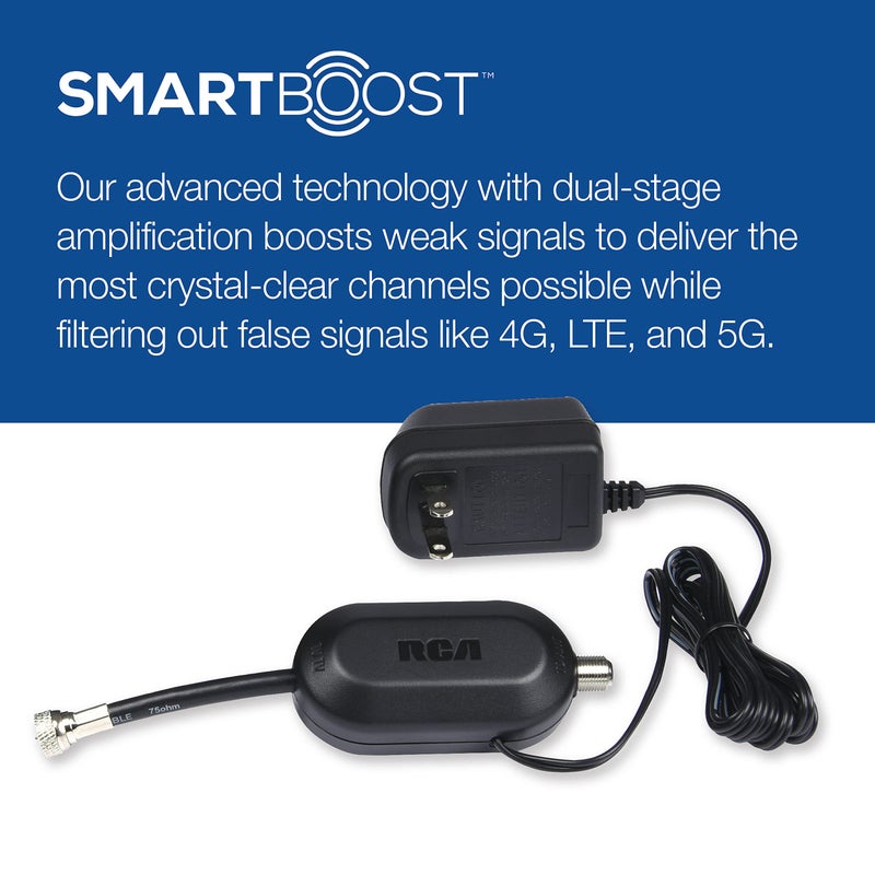 rca مضخم إشارة رقمي RCA للهوائيات الخارجية - ضوضاء منخفضة للغاية، تضخيم UHF/VHF، سهل التركيب مع موصل طاقة داخلي، يدعم جميع أجهزة التلفاز وهوائيات التلفاز الخارجية السلبية (AMP2450E) - Image 2