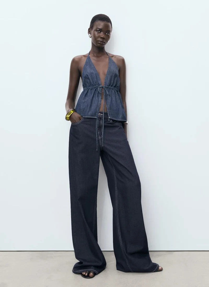 مانجو V-Neck Denim Top With Bow