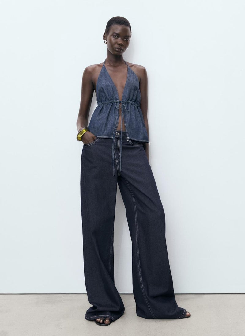 MANGO V-Neck Denim Top With Bow  - Image 1