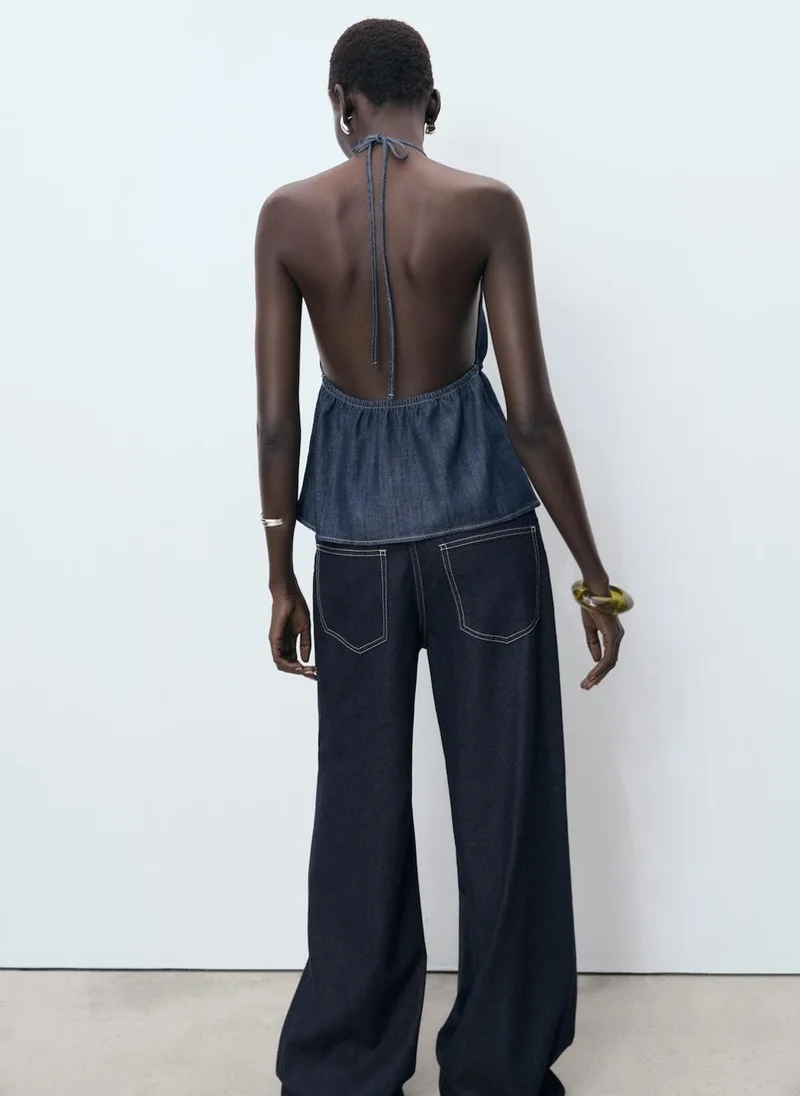 مانجو V-Neck Denim Top With Bow