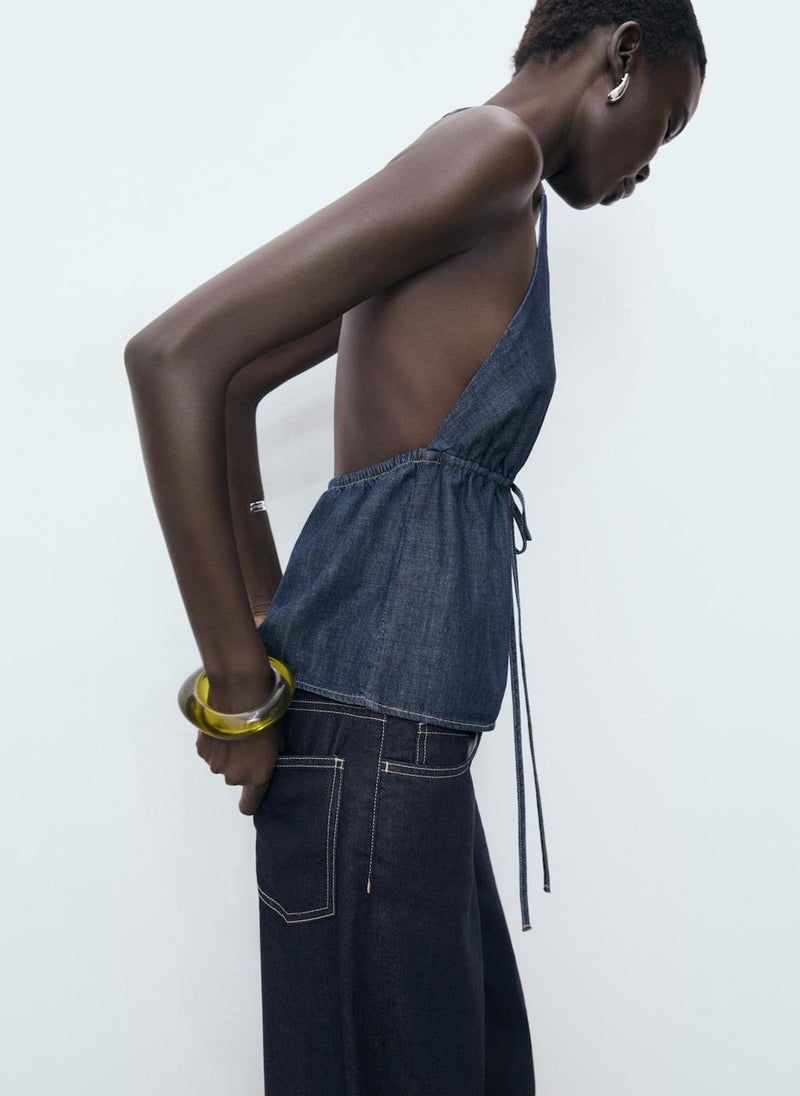 MANGO V-Neck Denim Top With Bow  - Image 3