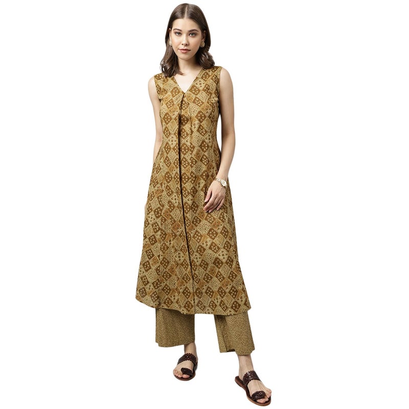 FIORRA Women's Brown Cotton A-Line Kurta with Palazzo - Image 5