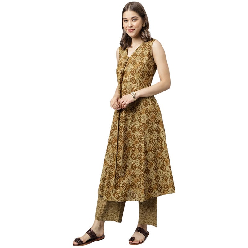 FIORRA Women's Brown Cotton A-Line Kurta with Palazzo - Image 3