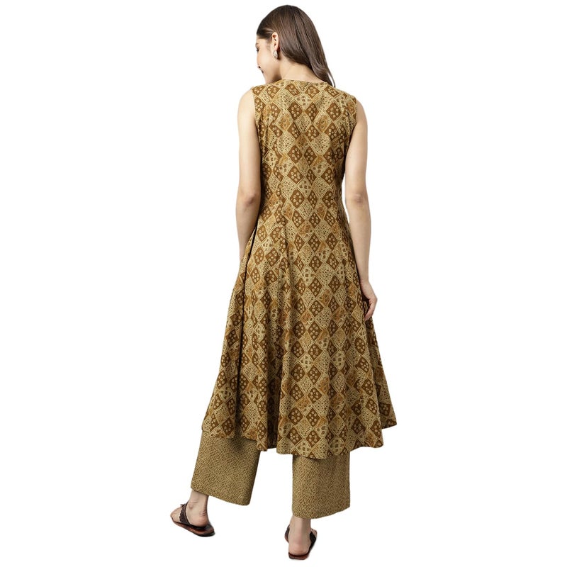 FIORRA Women's Brown Cotton A-Line Kurta with Palazzo - Image 2
