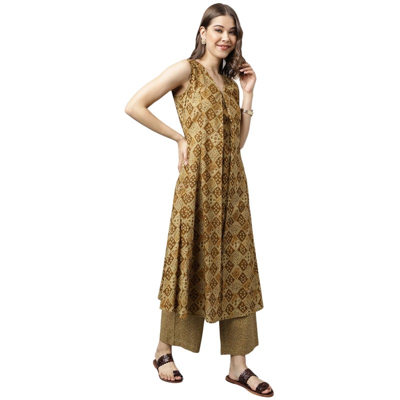 FIORRA Women's Brown Cotton A-Line Kurta with Palazzo - Image 4