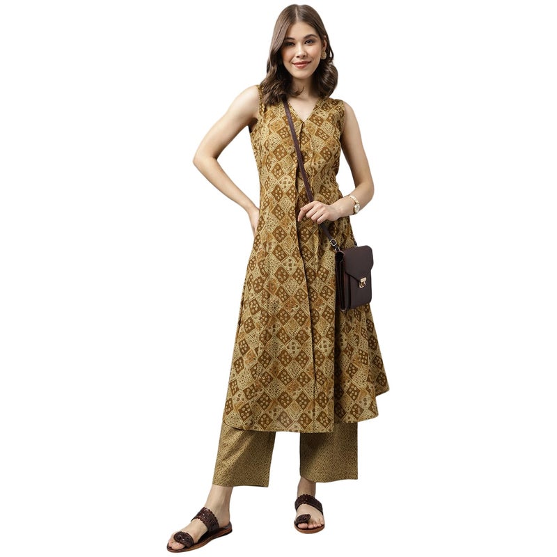 FIORRA Women's Brown Cotton A-Line Kurta with Palazzo - Image 1