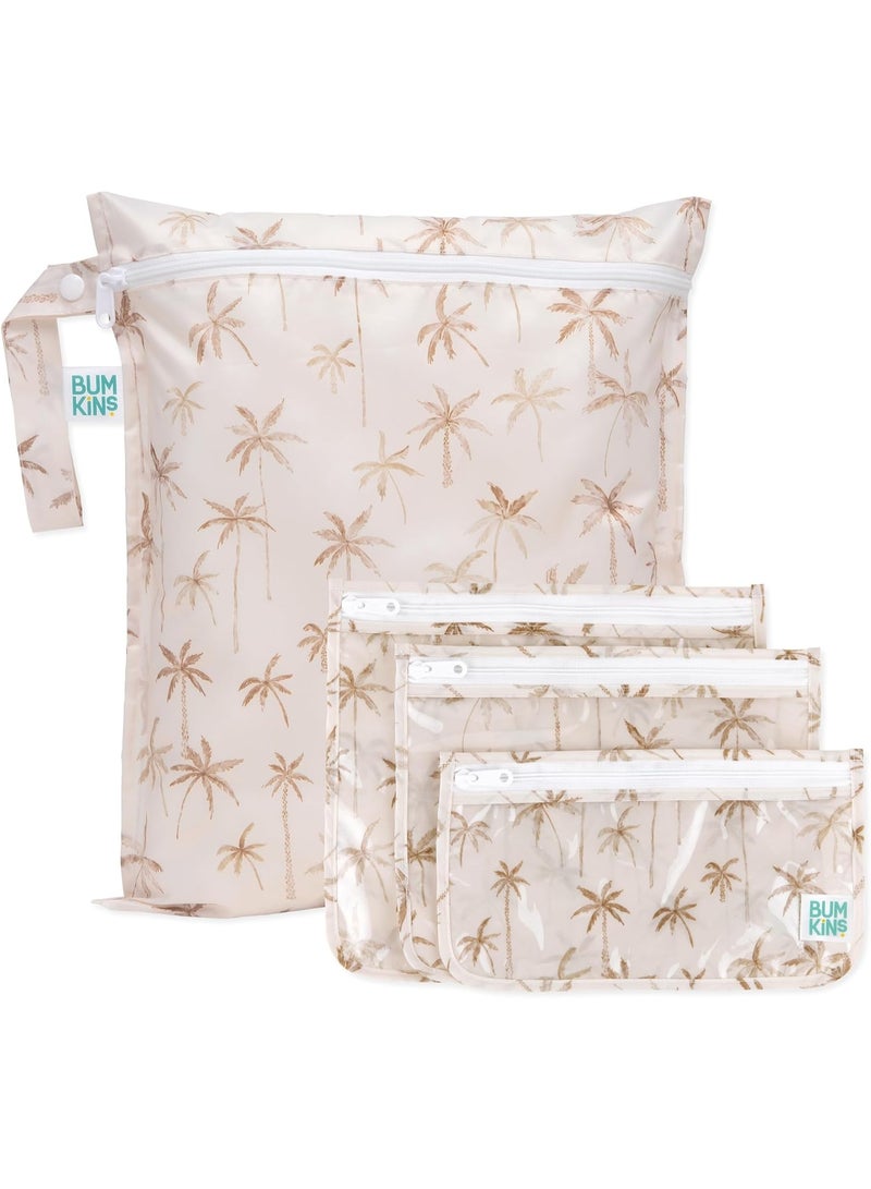Bumkins - Waterproof Wet Bag & Clear Travel Bags - For Beach, Baby, Travel, Swim Suit, Cloth Diapers, Pump Parts, Pool, Gym, Toiletries - Reusable & Easy to Clean - Palm Trees - 4 Pack - Image 1