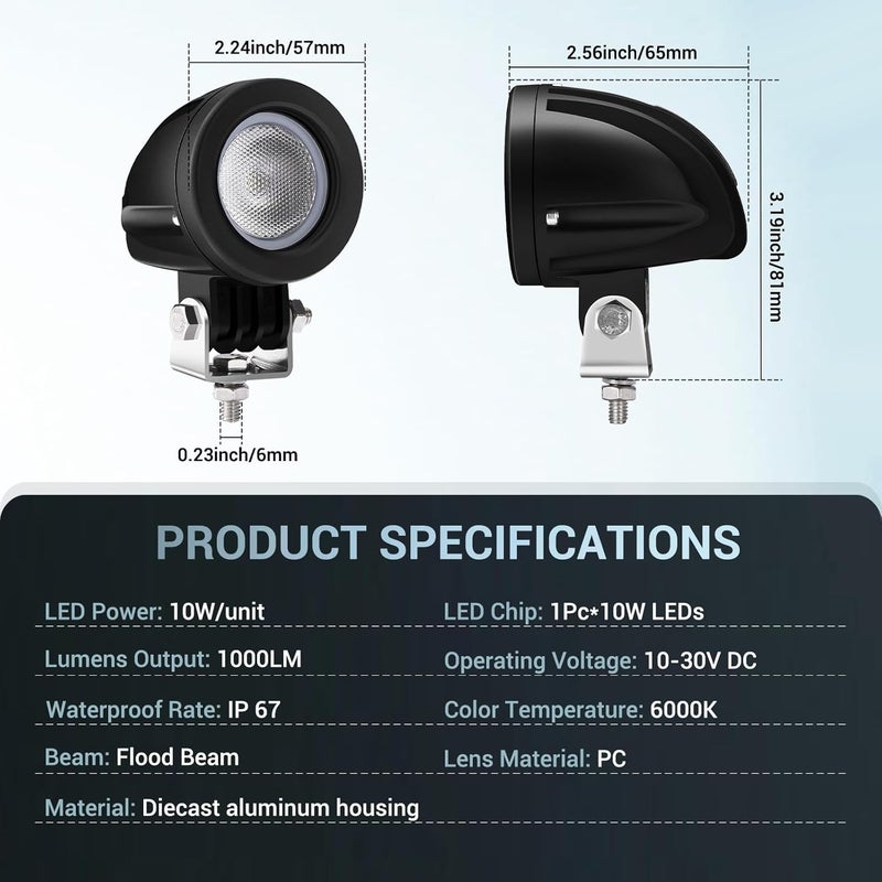 Audak 2Pcs 10W Flood Mini LED Work Light - 2 Inch Round LED Driving Lights for Motorcycles, ATVs, and Trucks - Image 2