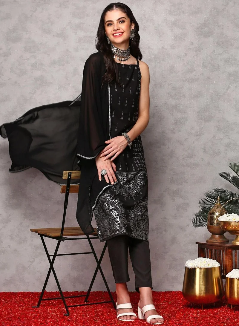 ISHIN Women's Black Georgette Printed Tunic Full Length Casual Regular Fit Kurta Set
