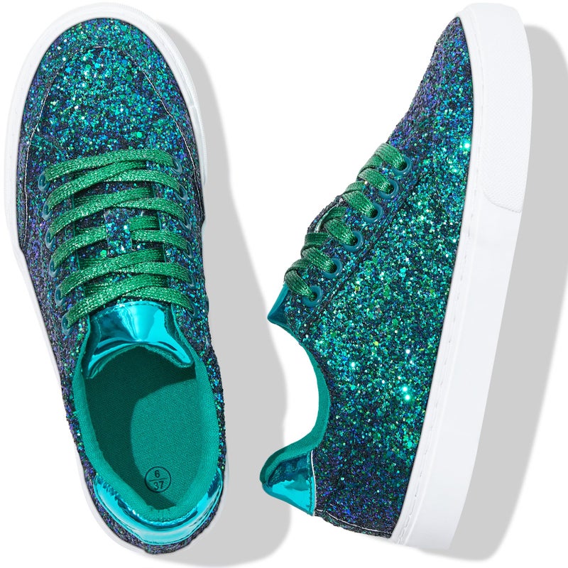 Jeekopeg Glitter Sparkly Fashion Sneakers Shoes Shiny Casual Shoes Bling Sequin Concert Low Cut Lace up Shoes(Green Glitter,8 Women/6.5 Men) - Image 4
