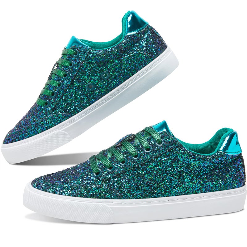 Jeekopeg Glitter Sparkly Fashion Sneakers Shoes Shiny Casual Shoes Bling Sequin Concert Low Cut Lace up Shoes(Green Glitter,8 Women/6.5 Men) - Image 1