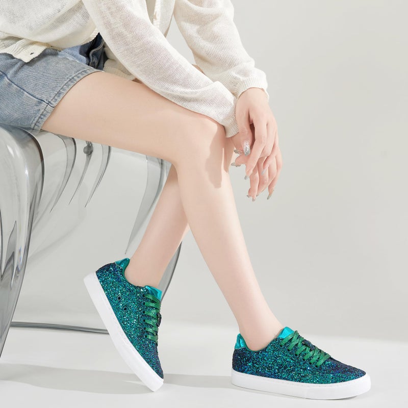 Jeekopeg Glitter Sparkly Fashion Sneakers Shoes Shiny Casual Shoes Bling Sequin Concert Low Cut Lace up Shoes(Green Glitter,8 Women/6.5 Men) - Image 3