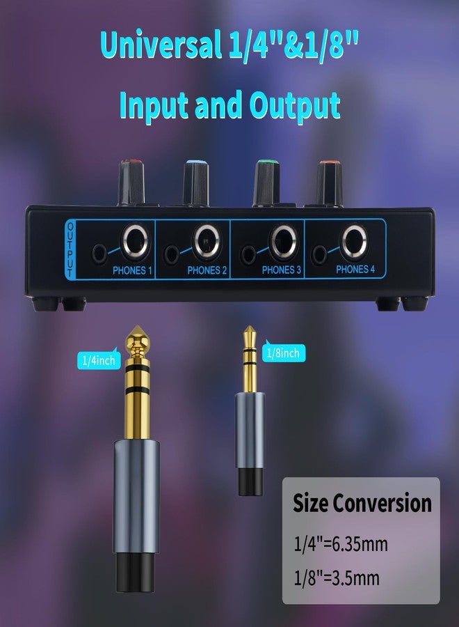 Horse Headphone Amp Amplifier, 4-Channel Metal Stereo Audio Amplifier, Mini Earphone Splitter, 1/4" 1/8" TRS/TS Audio Input and Output for Music Studio, DC 12V(Blue&Black) - Image 3