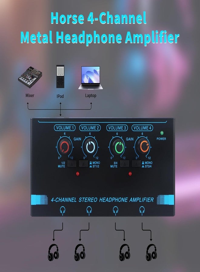 Horse Headphone Amp Amplifier, 4-Channel Metal Stereo Audio Amplifier, Mini Earphone Splitter, 1/4" 1/8" TRS/TS Audio Input and Output for Music Studio, DC 12V(Blue&Black) - Image 4