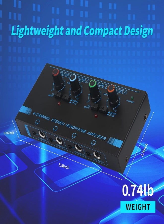 Horse Headphone Amp Amplifier, 4-Channel Metal Stereo Audio Amplifier, Mini Earphone Splitter, 1/4" 1/8" TRS/TS Audio Input and Output for Music Studio, DC 12V(Blue&Black) - Image 5