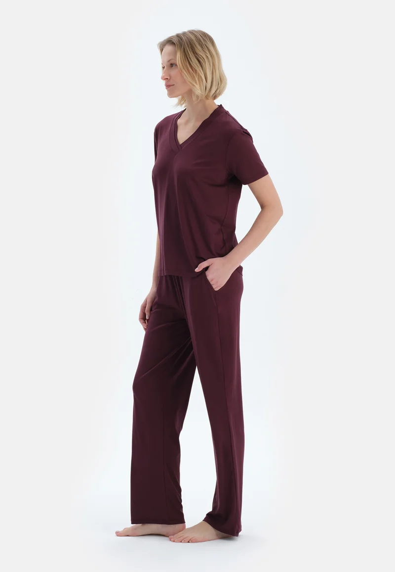dagi Regular/Classic Fit T-shirt & Trousers Pajama Sets V Neck Cotton Blend Sleepwear