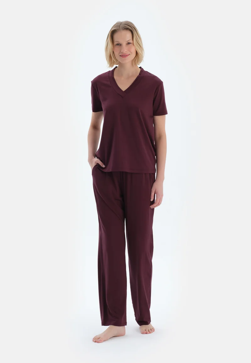 dagi Regular/Classic Fit T-shirt & Trousers Pajama Sets V Neck Cotton Blend Sleepwear