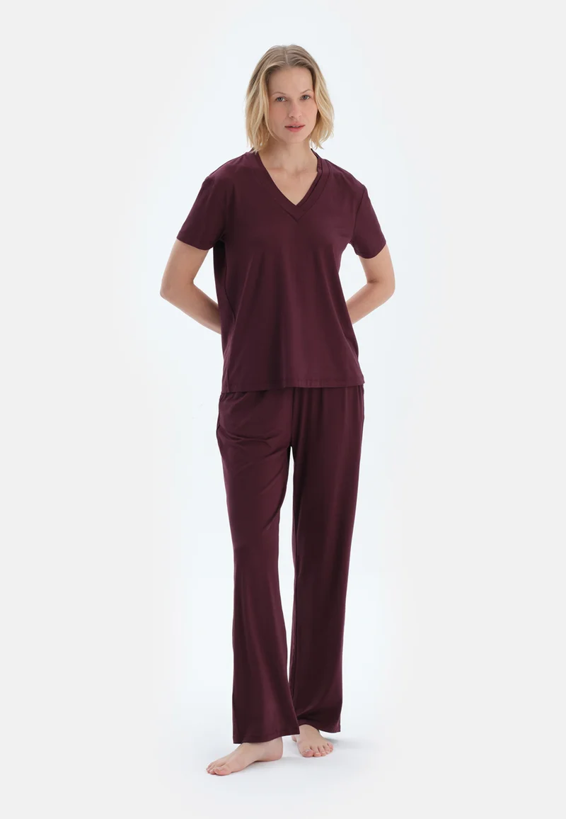dagi Regular/Classic Fit T-shirt & Trousers Pajama Sets V Neck Cotton Blend Sleepwear