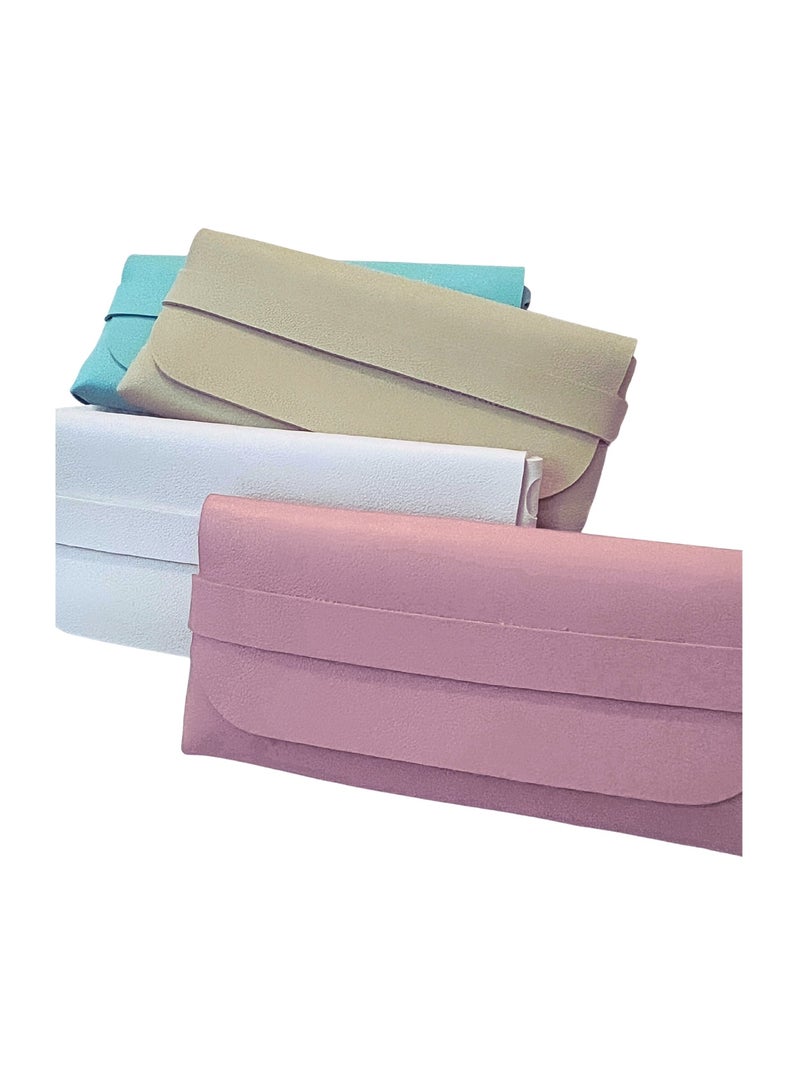 Booma Opticals Pack of 4 Soft Glasses Cases, 8 x 17 cm, Glasses Case, PU Leather, Sunglasses Case, Soft Bag, Sunglasses Bag for Men & Women: Pastel colors: Peach, Beige, White, Aqua. Useful for Storage & Travel. - Image 1