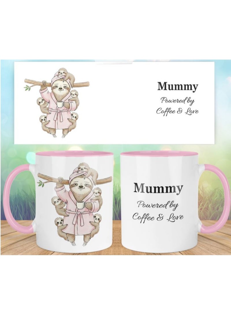 11oz Ceramic Coffee Mug, White with Pink Handle & Interior, 'Mummy Powered by Coffee & Love' Sloth Design
